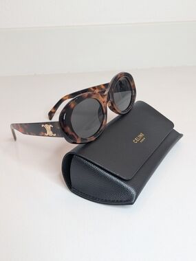 Celine Oval Tortoise Gold Logo Sunglasses